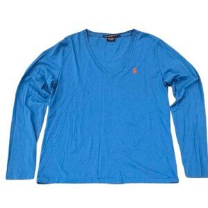 Ralph Lauren Sport Womens V-Neck Long Sleeve Tee Blue Pullover T-Shirt Large